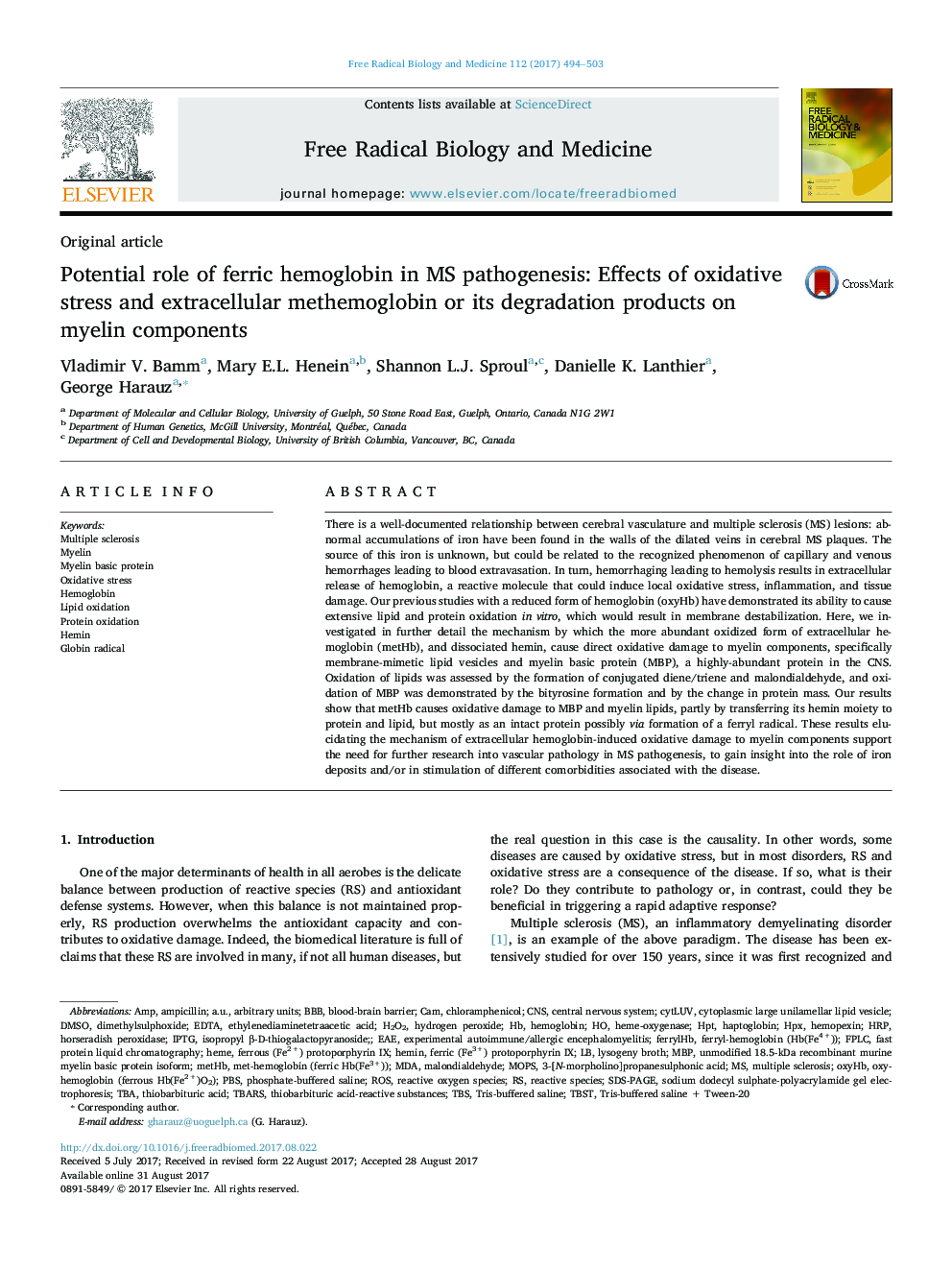 Potential role of ferric hemoglobin in MS pathogenesis: Effects of oxidative stress and extracellular methemoglobin or its degradation products on myelin components