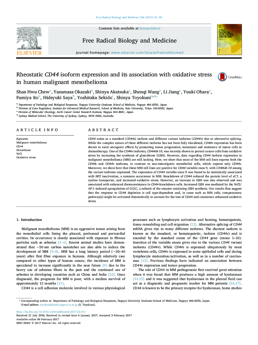 Rheostatic CD44 isoform expression and its association with oxidative stress in human malignant mesothelioma