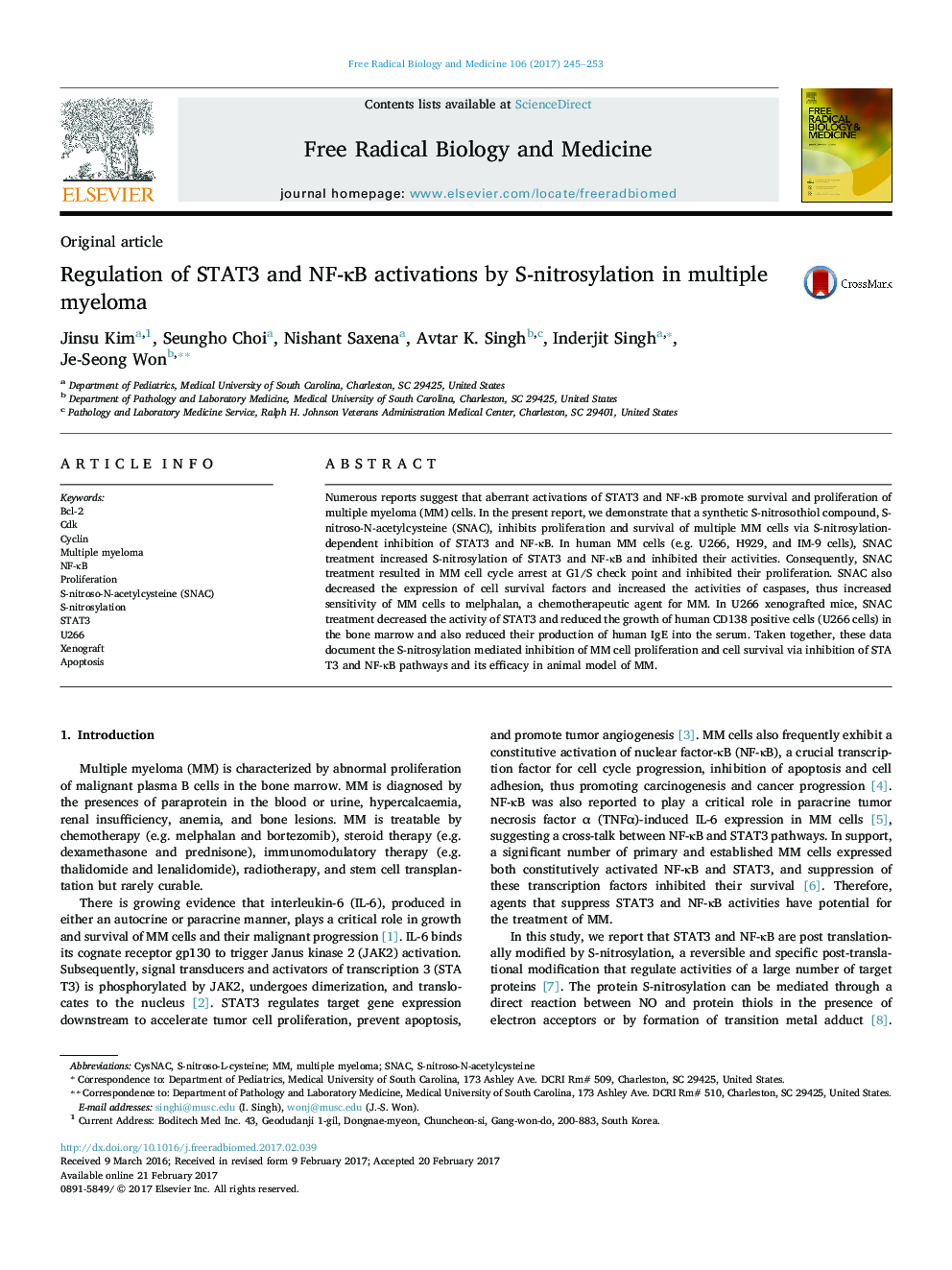 Regulation of STAT3 and NF-ÎºB activations by S-nitrosylation in multiple myeloma