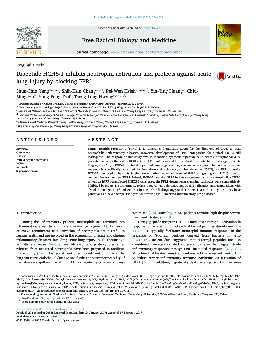 Dipeptide HCH6-1 inhibits neutrophil activation and protects against acute lung injury by blocking FPR1