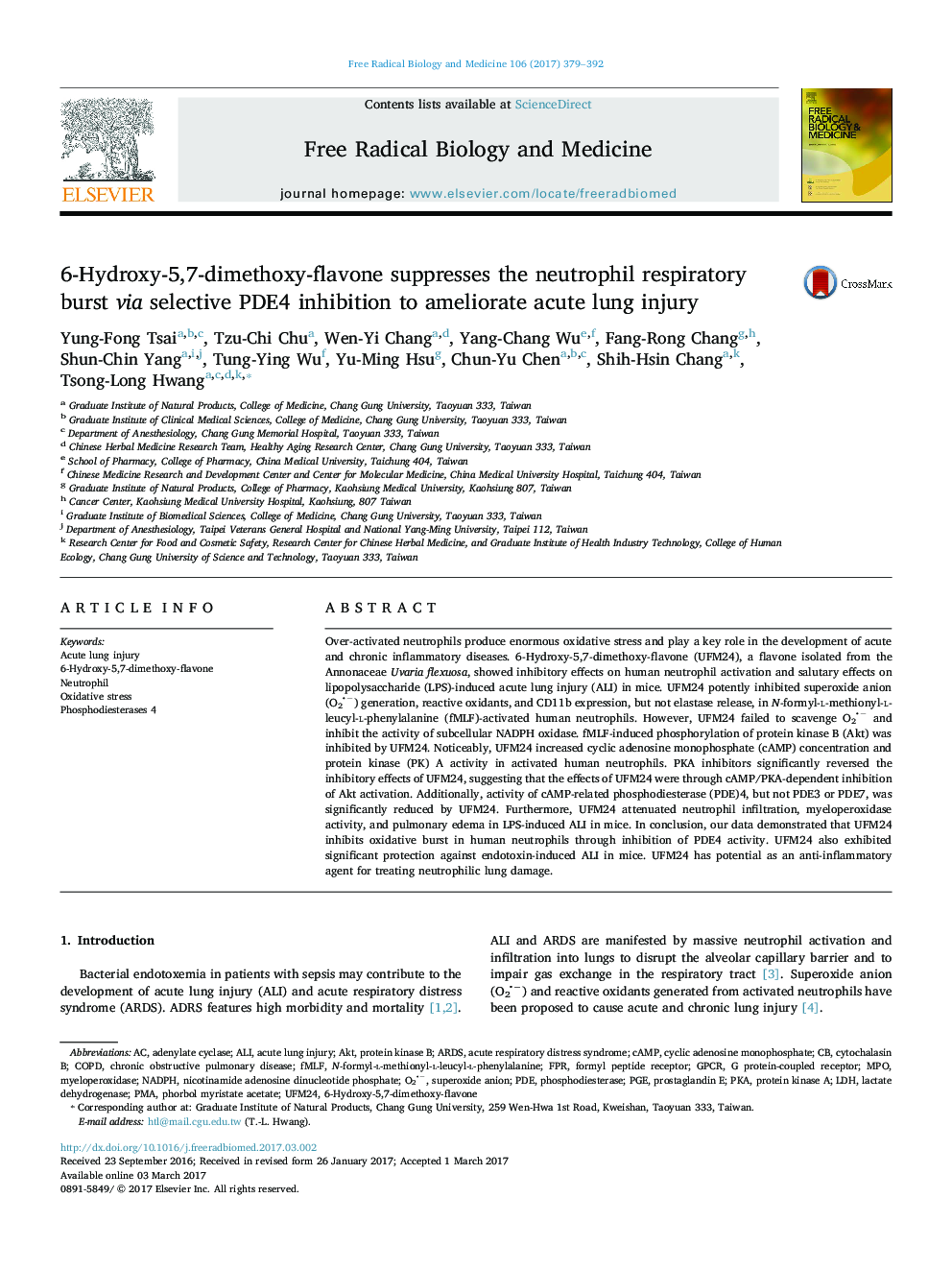 6-Hydroxy-5,7-dimethoxy-flavone suppresses the neutrophil respiratory burst via selective PDE4 inhibition to ameliorate acute lung injury