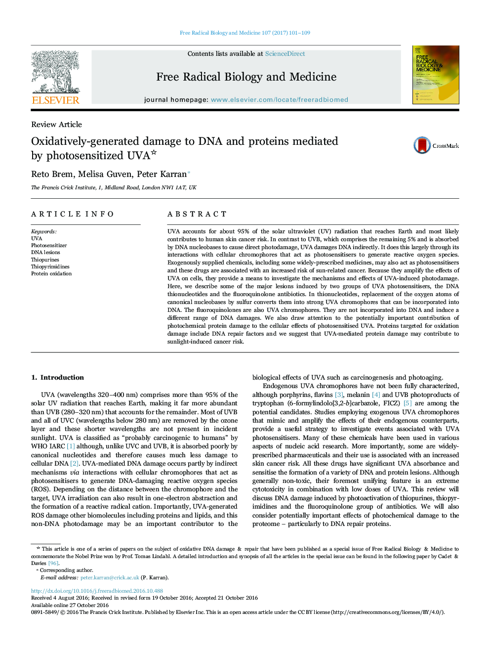 Oxidatively-generated damage to DNA and proteins mediated by photosensitized UVA