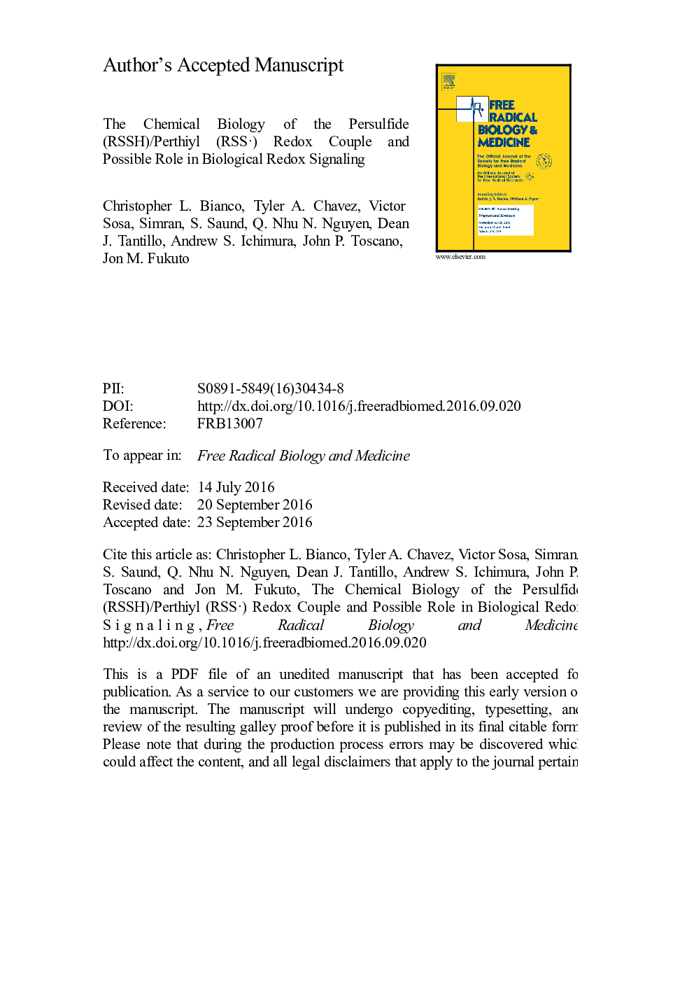 The chemical biology of the persulfide (RSSH)/perthiyl (RSSÂ·) redox couple and possible role in biological redox signaling