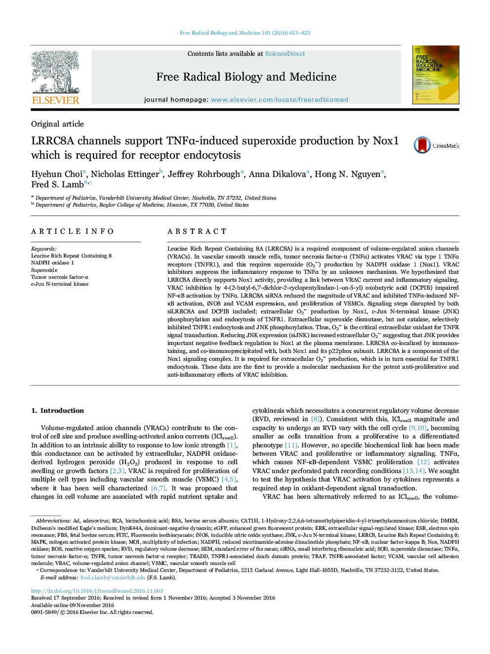 LRRC8A channels support TNFÎ±-induced superoxide production by Nox1 which is required for receptor endocytosis