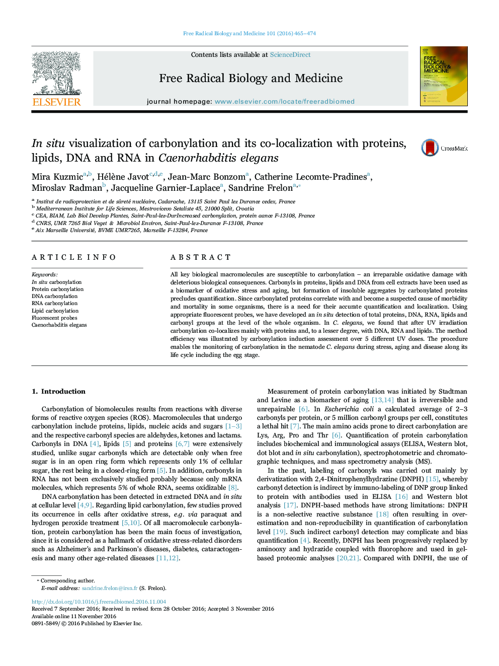 In situ visualization of carbonylation and its co-localization with proteins, lipids, DNA and RNA in Caenorhabditis elegans