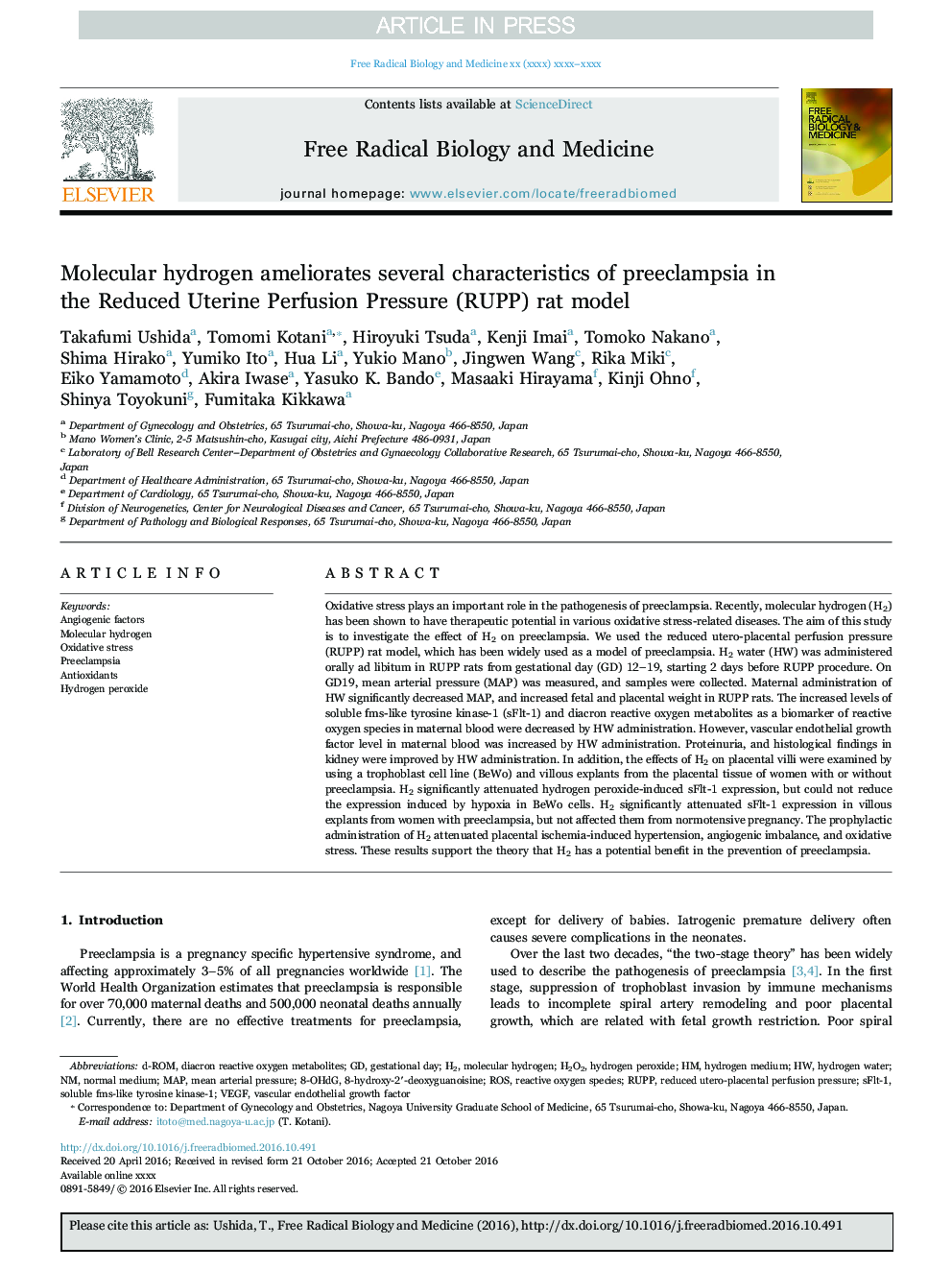 Molecular hydrogen ameliorates several characteristics of preeclampsia in the Reduced Uterine Perfusion Pressure (RUPP) rat model