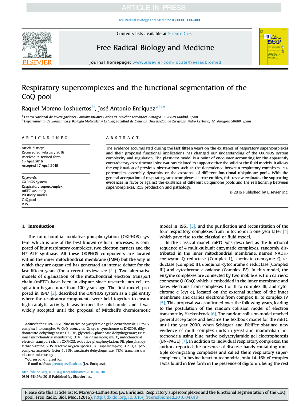 Respiratory supercomplexes and the functional segmentation of the CoQ pool