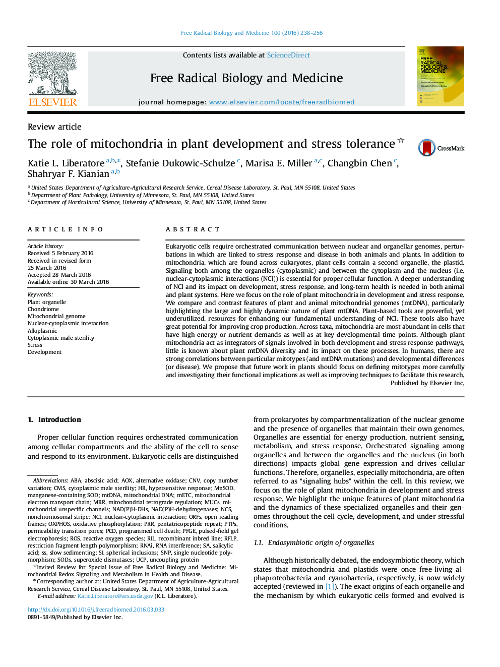 The role of mitochondria in plant development and stress tolerance 