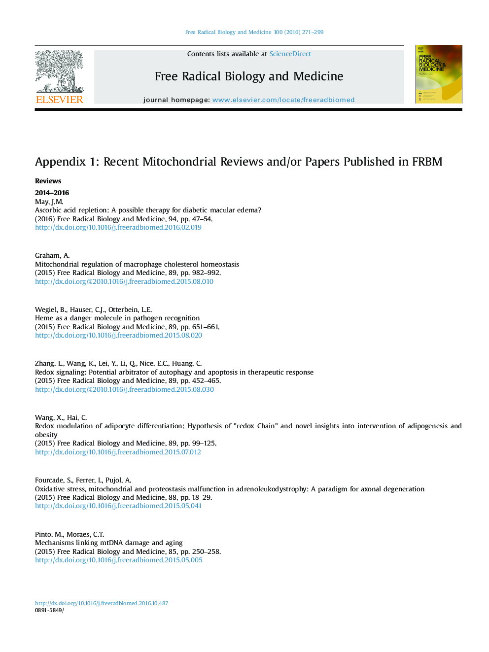 Appendix 1 Recent Mitochondrial Reviews and/or Papers Published in FRBM