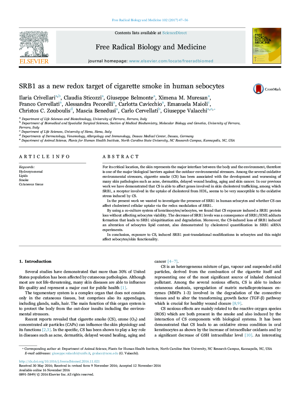 SRB1 as a new redox target of cigarette smoke in human sebocytes