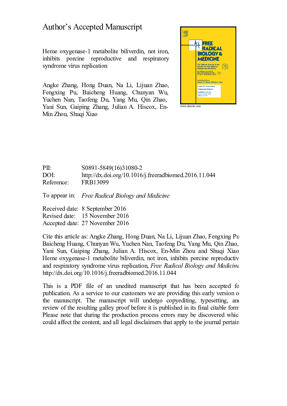 Heme oxygenase-1 metabolite biliverdin, not iron, inhibits porcine reproductive and respiratory syndrome virus replication