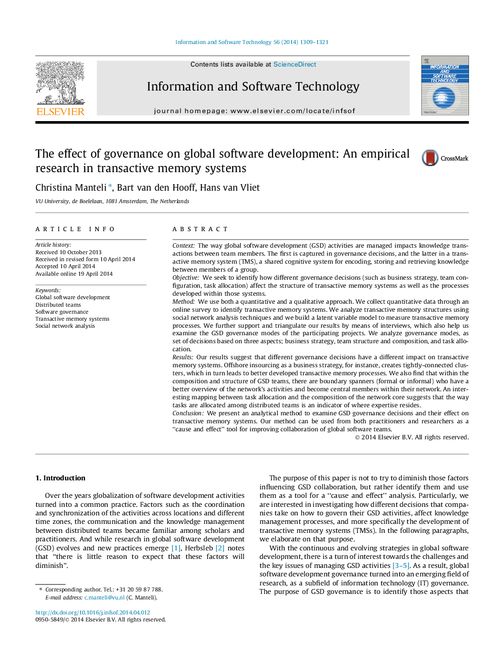 The effect of governance on global software development: An empirical research in transactive memory systems