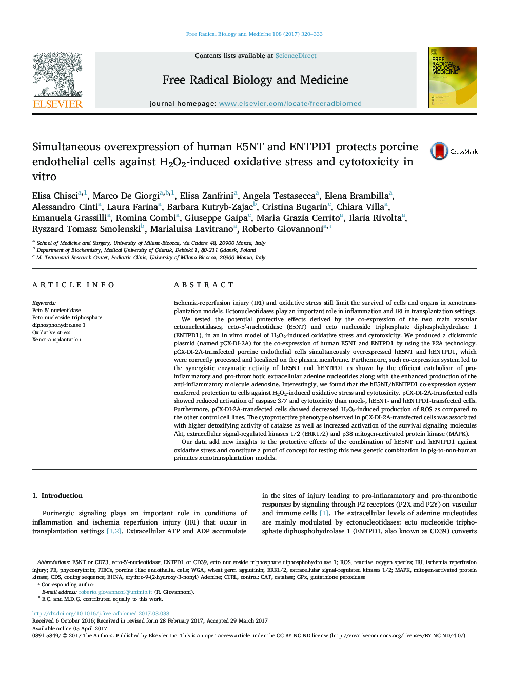 Simultaneous overexpression of human E5NT and ENTPD1 protects porcine endothelial cells against H2O2-induced oxidative stress and cytotoxicity in vitro