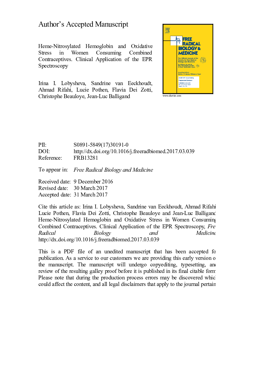 Heme-nitrosylated hemoglobin and oxidative stress in women consuming combined contraceptives. Clinical application of the EPR spectroscopy