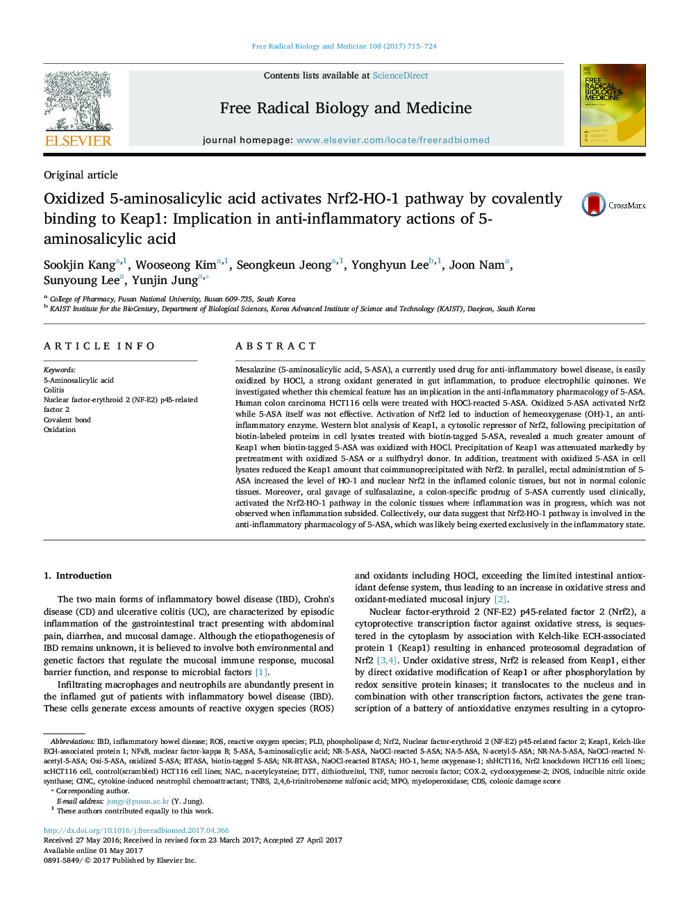 Oxidized 5-aminosalicylic acid activates Nrf2-HO-1 pathway by covalently binding to Keap1: Implication in anti-inflammatory actions of 5-aminosalicylic acid