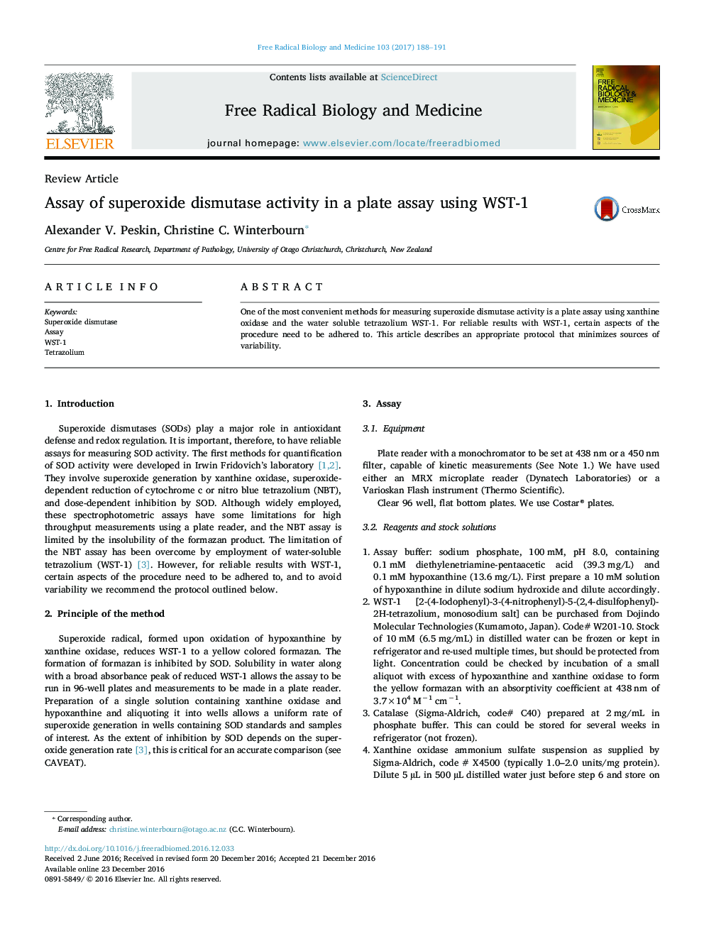 Review ArticleAssay of superoxide dismutase activity in a plate assay using WST-1