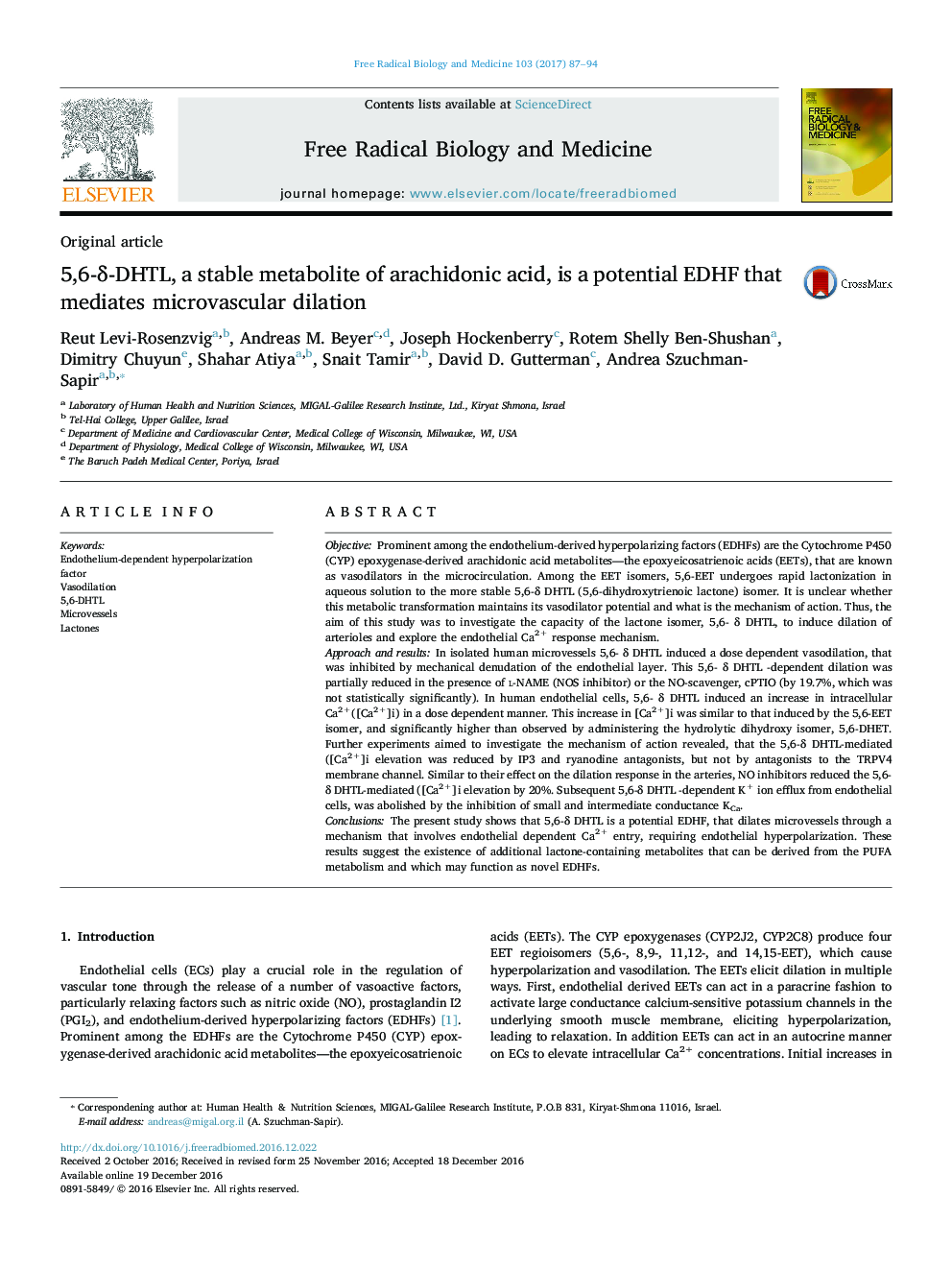عکس صفحه اول مقاله: 5,6-δ-DHTL, a stable metabolite of arachidonic acid, is a potential EDHF that mediates microvascular dilation 5,6-δ-DHTL, a stable metabolite of arachidonic acid, is a potential EDHF that mediates microvascular dilation