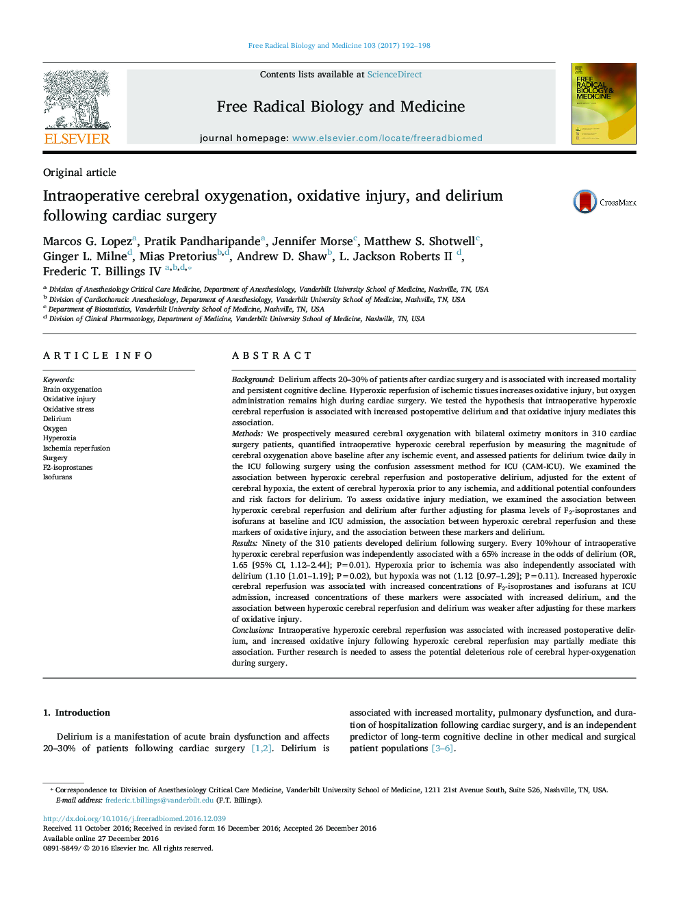 Intraoperative cerebral oxygenation, oxidative injury, and delirium following cardiac surgery