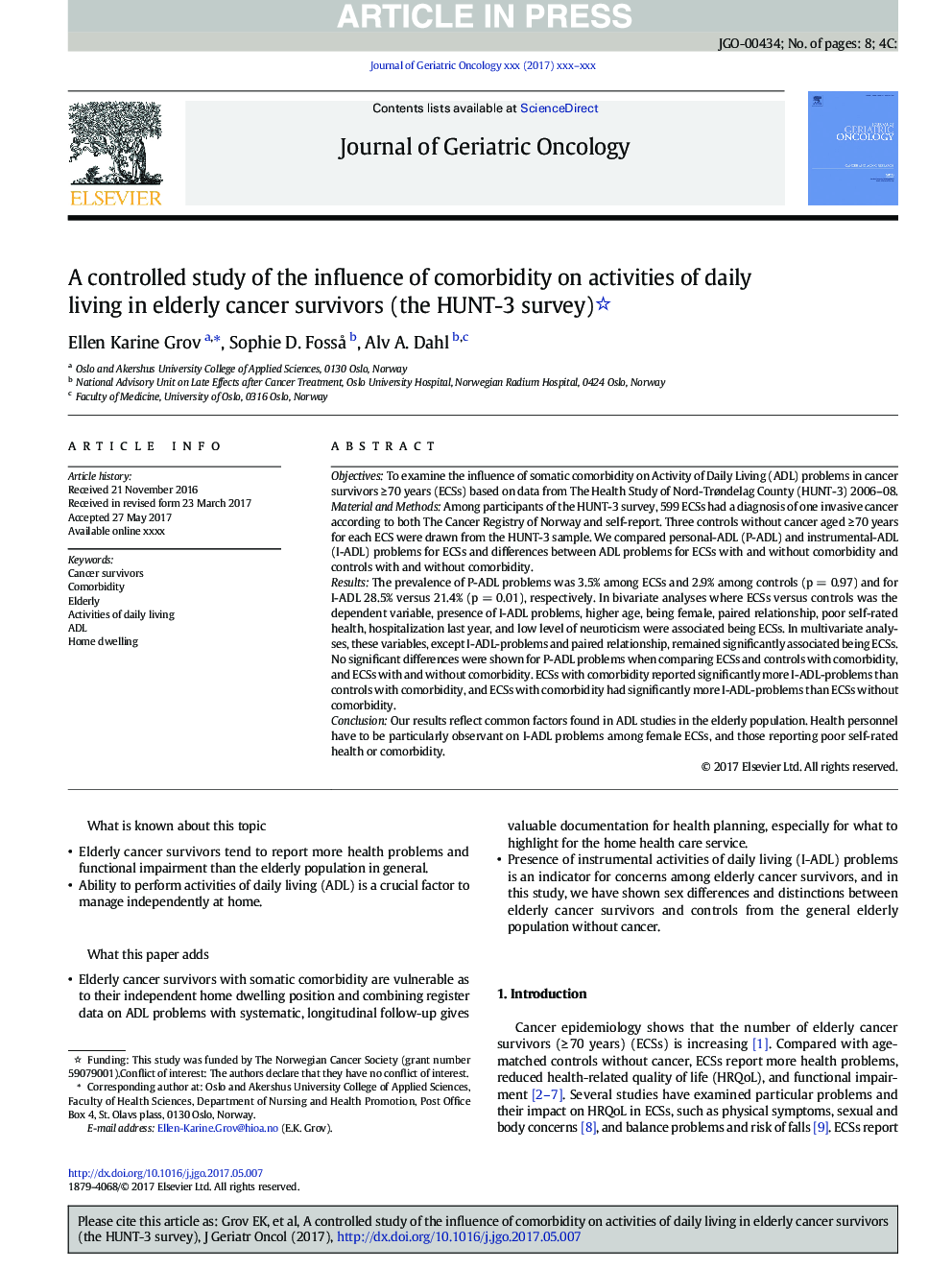 A controlled study of the influence of comorbidity on activities of daily living in elderly cancer survivors (the HUNT-3 survey)