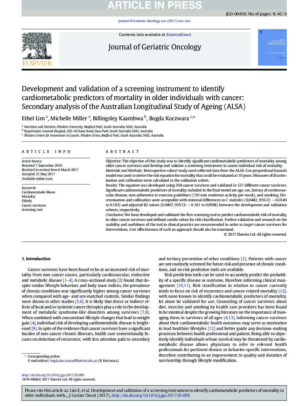 Development and validation of a screening instrument to identify cardiometabolic predictors of mortality in older individuals with cancer: Secondary analysis of the Australian Longitudinal Study of Ageing (ALSA)