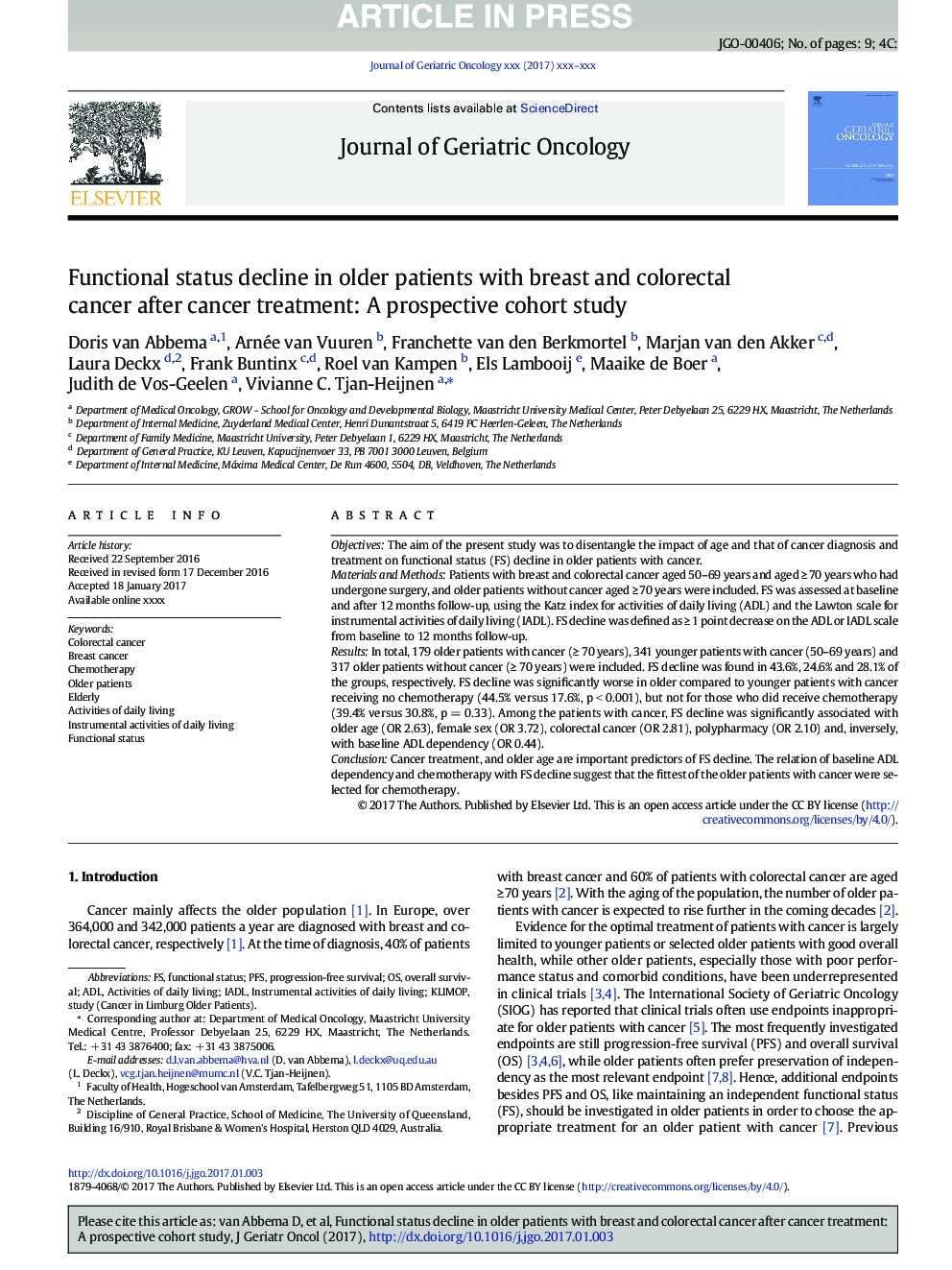 Functional status decline in older patients with breast and colorectal cancer after cancer treatment: A prospective cohort study