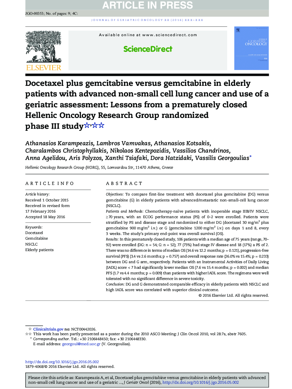 Docetaxel plus gemcitabine versus gemcitabine in elderly patients with advanced non-small cell lung cancer and use of a geriatric assessment: Lessons from a prematurely closed Hellenic Oncology Research Group randomized phase III study