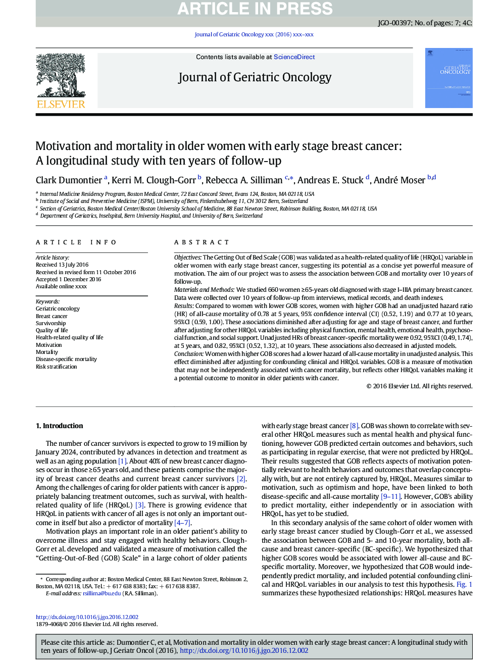 Motivation and mortality in older women with early stage breast cancer: A longitudinal study with ten years of follow-up