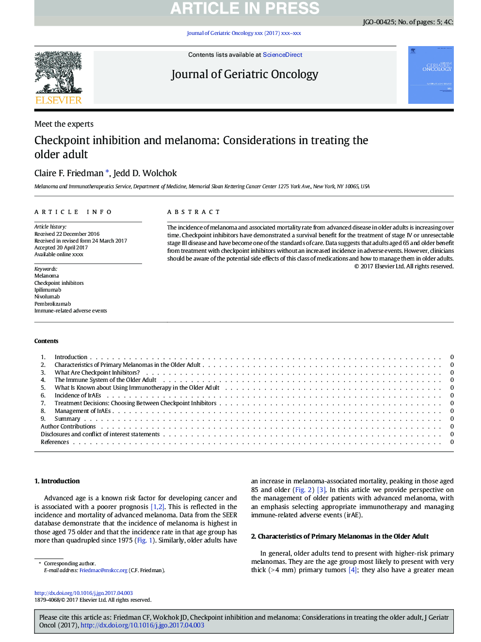 Checkpoint inhibition and melanoma: Considerations in treating the older adult