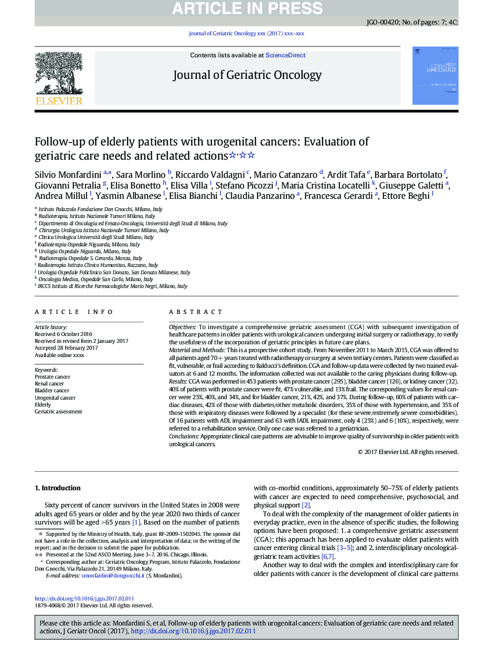 Follow-up of elderly patients with urogenital cancers: Evaluation of geriatric care needs and related actions