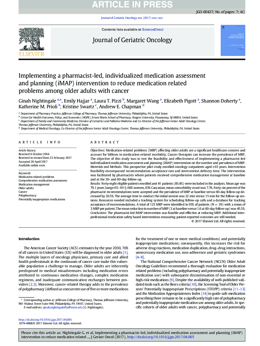 Implementing a pharmacist-led, individualized medication assessment and planning (iMAP) intervention to reduce medication related problems among older adults with cancer