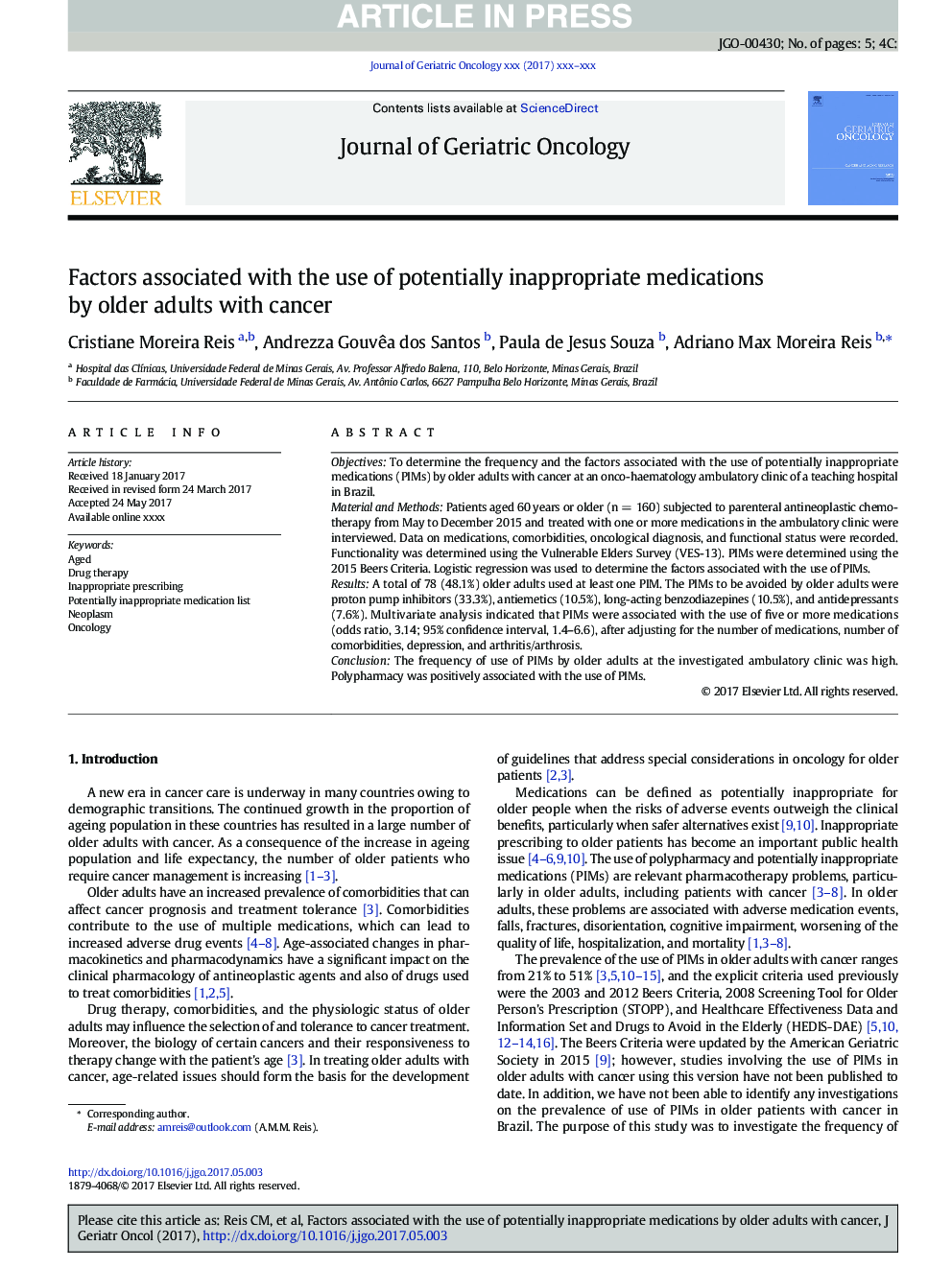 Factors associated with the use of potentially inappropriate medications by older adults with cancer