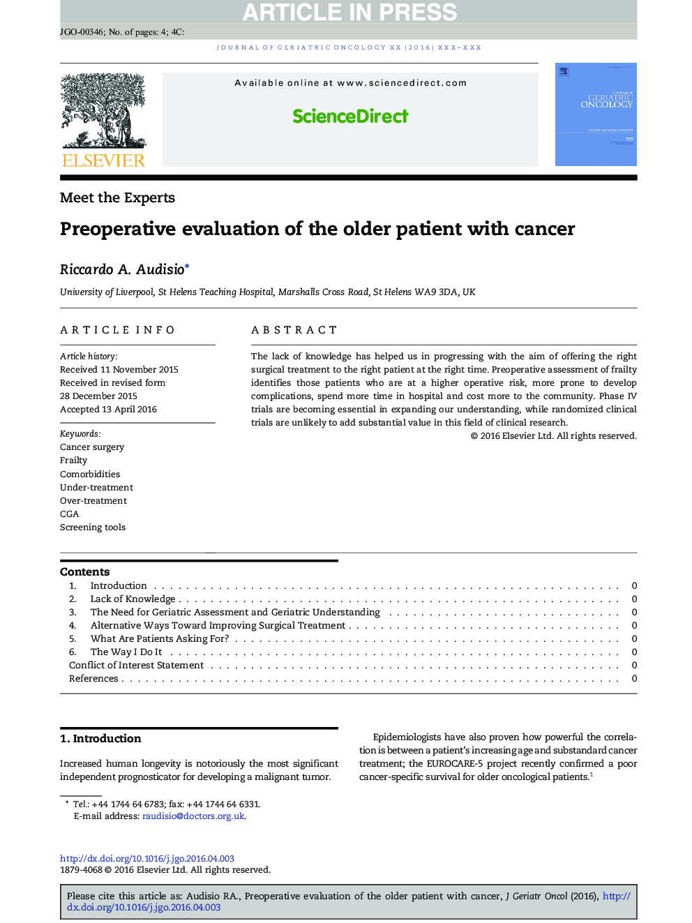 Preoperative evaluation of the older patient with cancer
