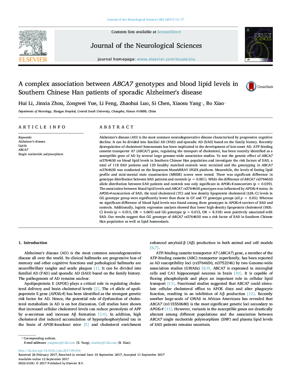 A complex association between ABCA7 genotypes and blood lipid levels in Southern Chinese Han patients of sporadic Alzheimer's disease