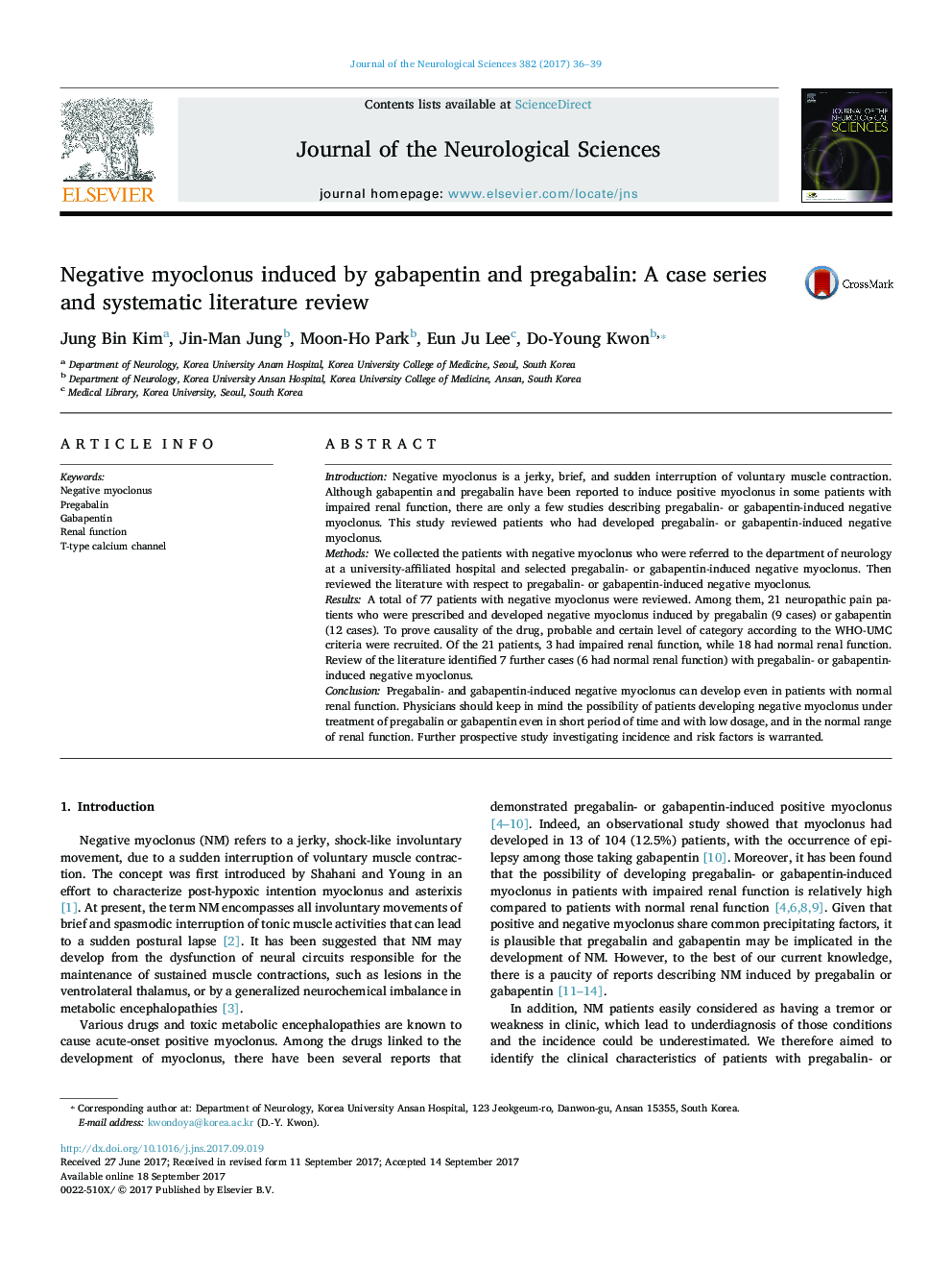 Negative myoclonus induced by gabapentin and pregabalin: A case series and systematic literature review