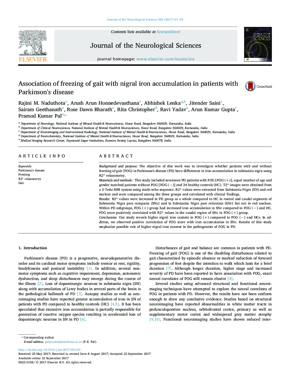 Association of freezing of gait with nigral iron accumulation in patients with Parkinson's disease