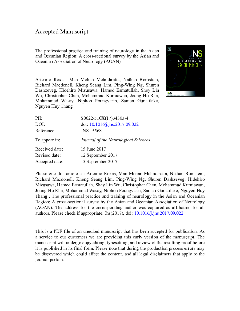 The professional practice and training of neurology in the Asian and Oceanian Region: A cross-sectional survey by the Asian and Oceanian Association of Neurology (AOAN)