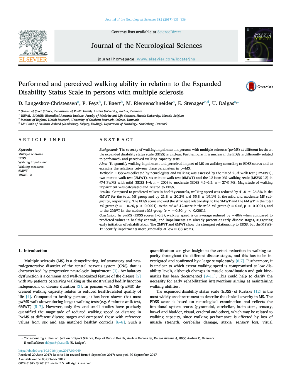 Performed and perceived walking ability in relation to the Expanded Disability Status Scale in persons with multiple sclerosis