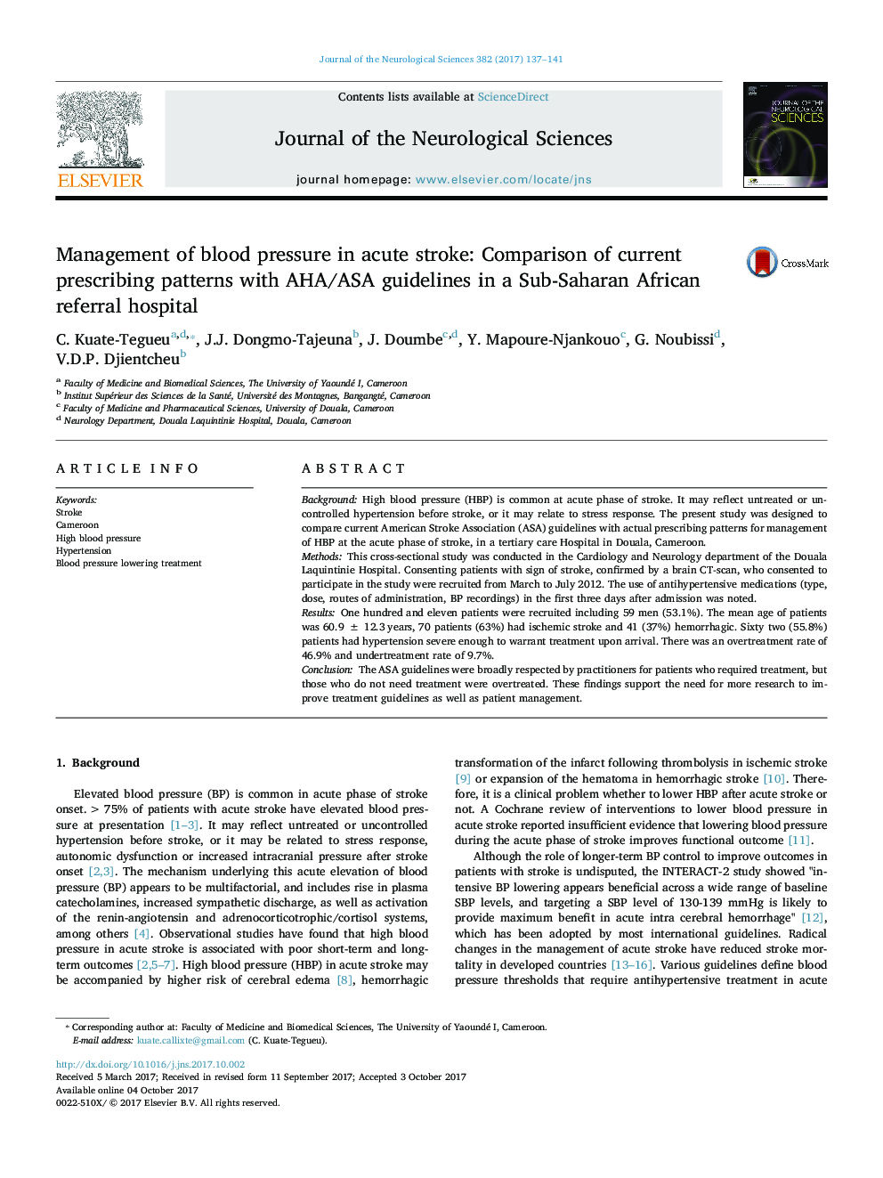 Management of blood pressure in acute stroke: Comparison of current prescribing patterns with AHA/ASA guidelines in a Sub-Saharan African referral hospital