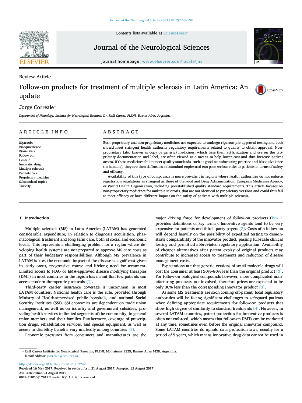 Follow-on products for treatment of multiple sclerosis in Latin America: An update