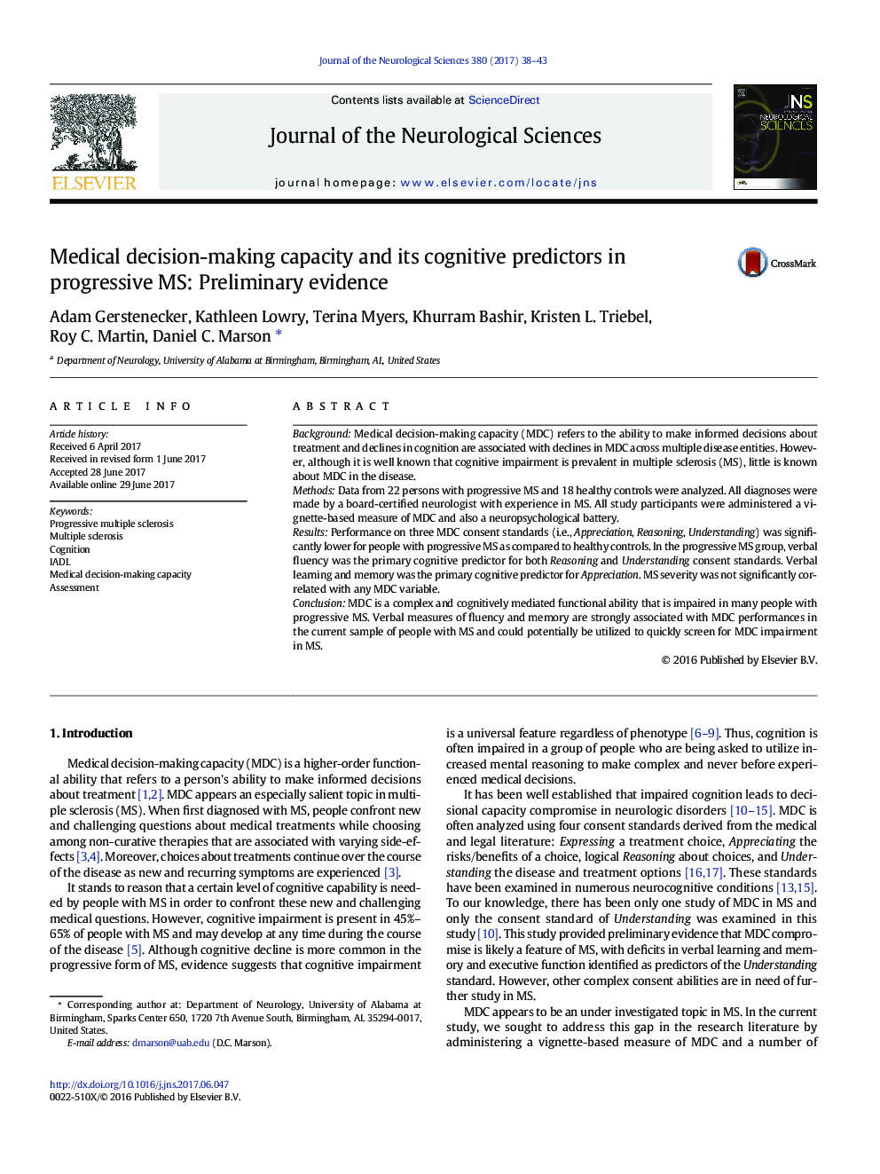 Medical decision-making capacity and its cognitive predictors in progressive MS: Preliminary evidence