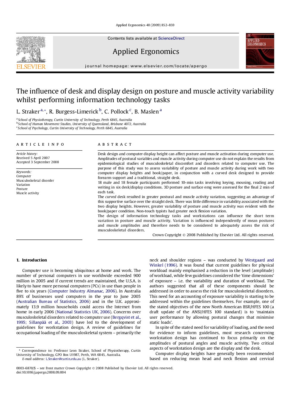 The influence of desk and display design on posture and muscle activity variability whilst performing information technology tasks