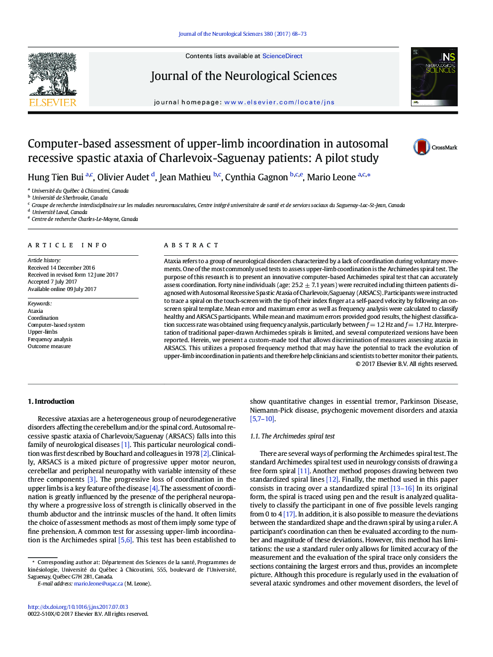 Computer-based assessment of upper-limb incoordination in autosomal recessive spastic ataxia of Charlevoix-Saguenay patients: A pilot study