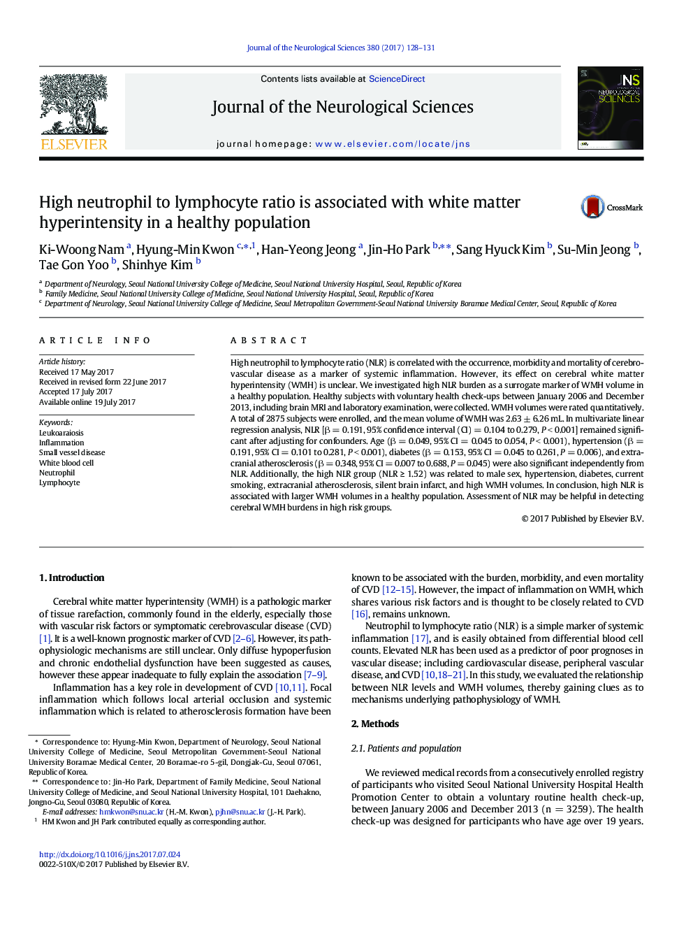 High neutrophil to lymphocyte ratio is associated with white matter hyperintensity in a healthy population