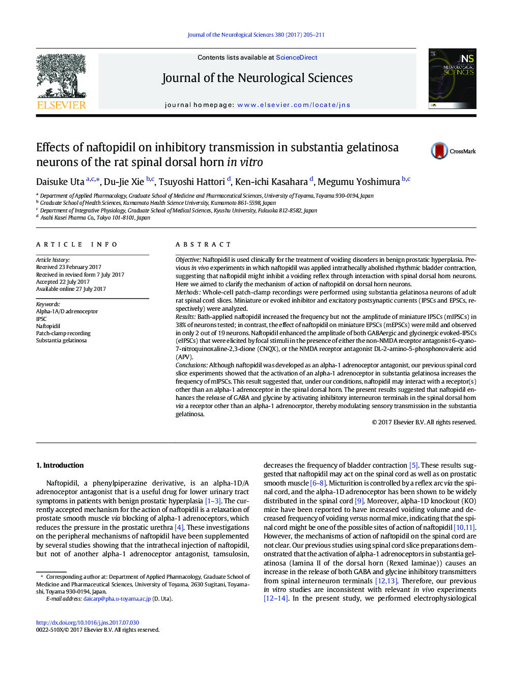 Effects of naftopidil on inhibitory transmission in substantia gelatinosa neurons of the rat spinal dorsal horn in vitro