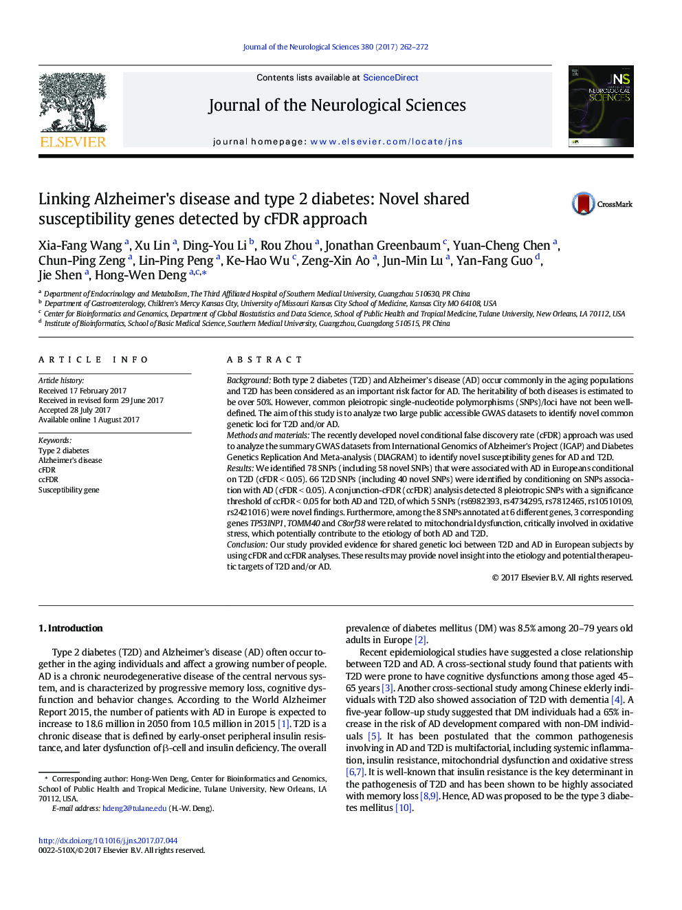 Linking Alzheimer's disease and type 2 diabetes: Novel shared susceptibility genes detected by cFDR approach