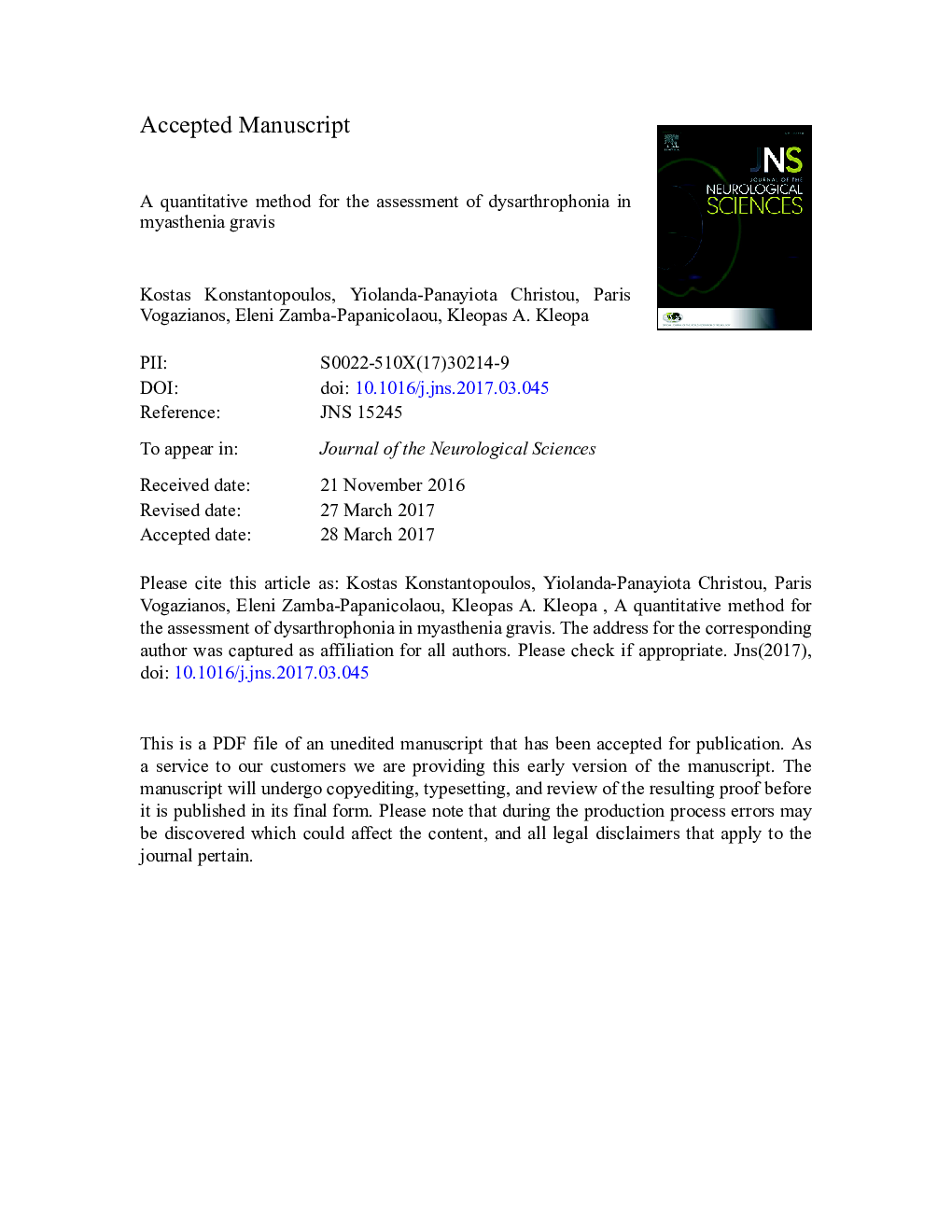 A quantitative method for the assessment of dysarthrophonia in myasthenia gravis