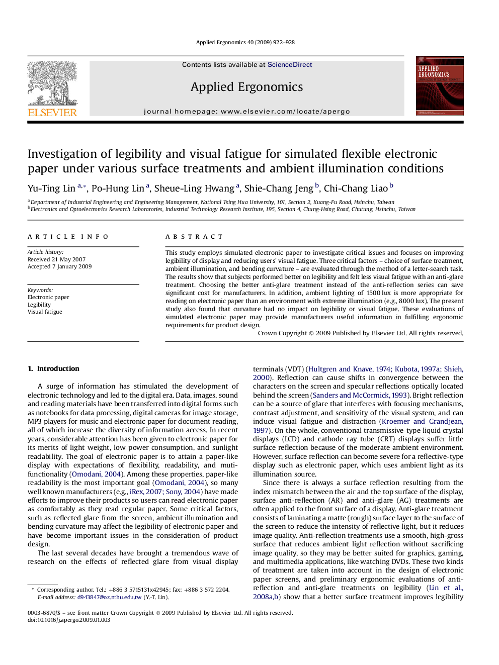 Investigation of legibility and visual fatigue for simulated flexible electronic paper under various surface treatments and ambient illumination conditions