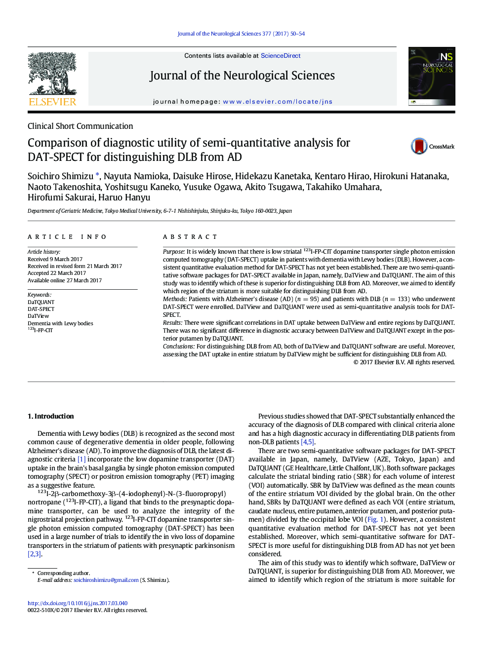 Comparison of diagnostic utility of semi-quantitative analysis for DAT-SPECT for distinguishing DLB from AD