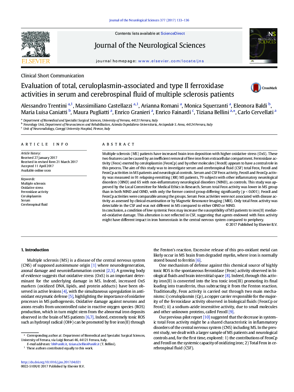 Evaluation of total, ceruloplasmin-associated and type II ferroxidase activities in serum and cerebrospinal fluid of multiple sclerosis patients