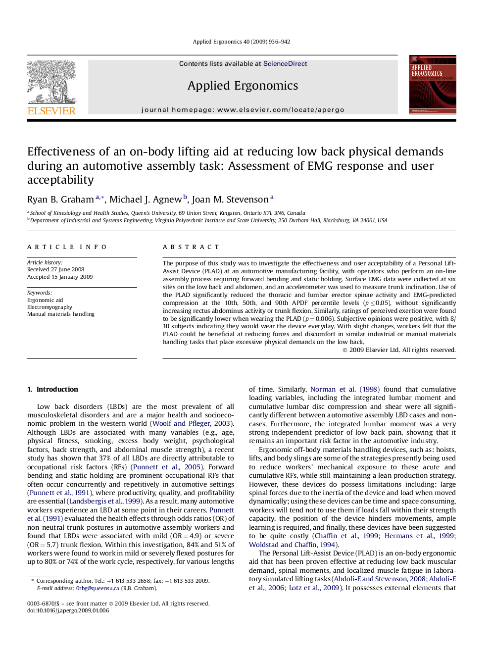 Effectiveness of an on-body lifting aid at reducing low back physical demands during an automotive assembly task: Assessment of EMG response and user acceptability